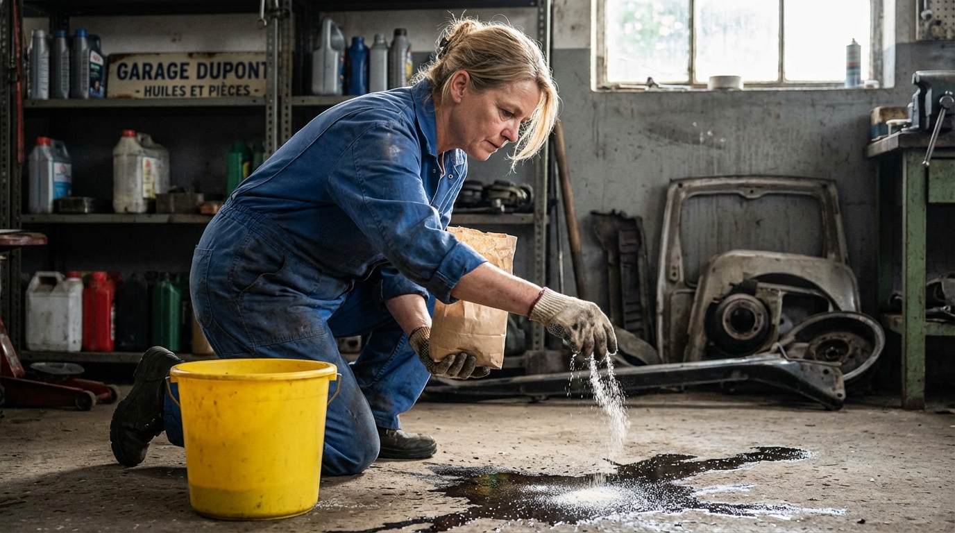 Vous luttez encore contre les taches d’huile dans votre garage ? Découvrez le geste naturel qui fait mieux que les dégraissants chimiques