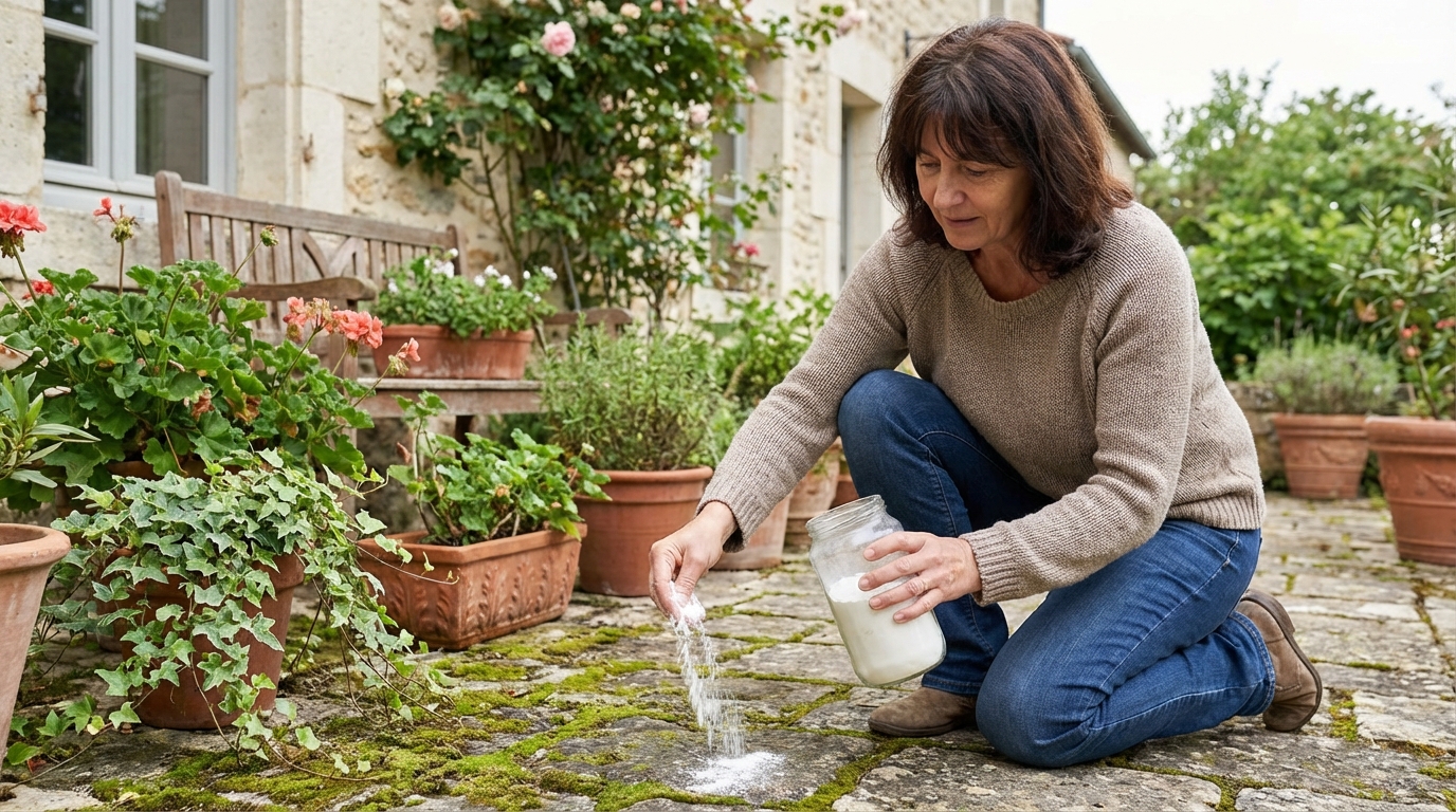 Arrêtez de verser de l’eau bouillante sur votre terrasse : cette poudre élimine la mousse sans abîmer vos dalles
