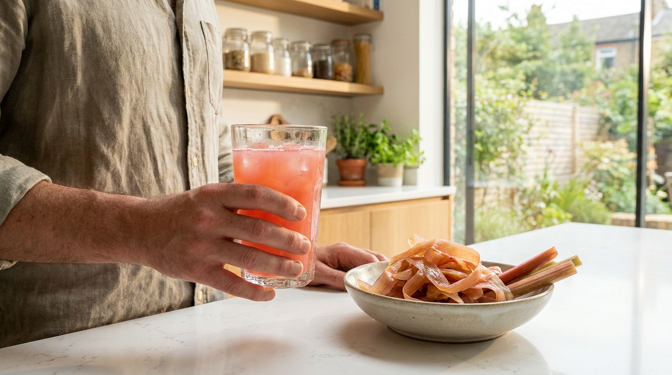 « Goûte ça avant de jeter tes pelures » : ma voisine m’a tendu un verre rose vif fait avec les déchets de ma rhubarbe