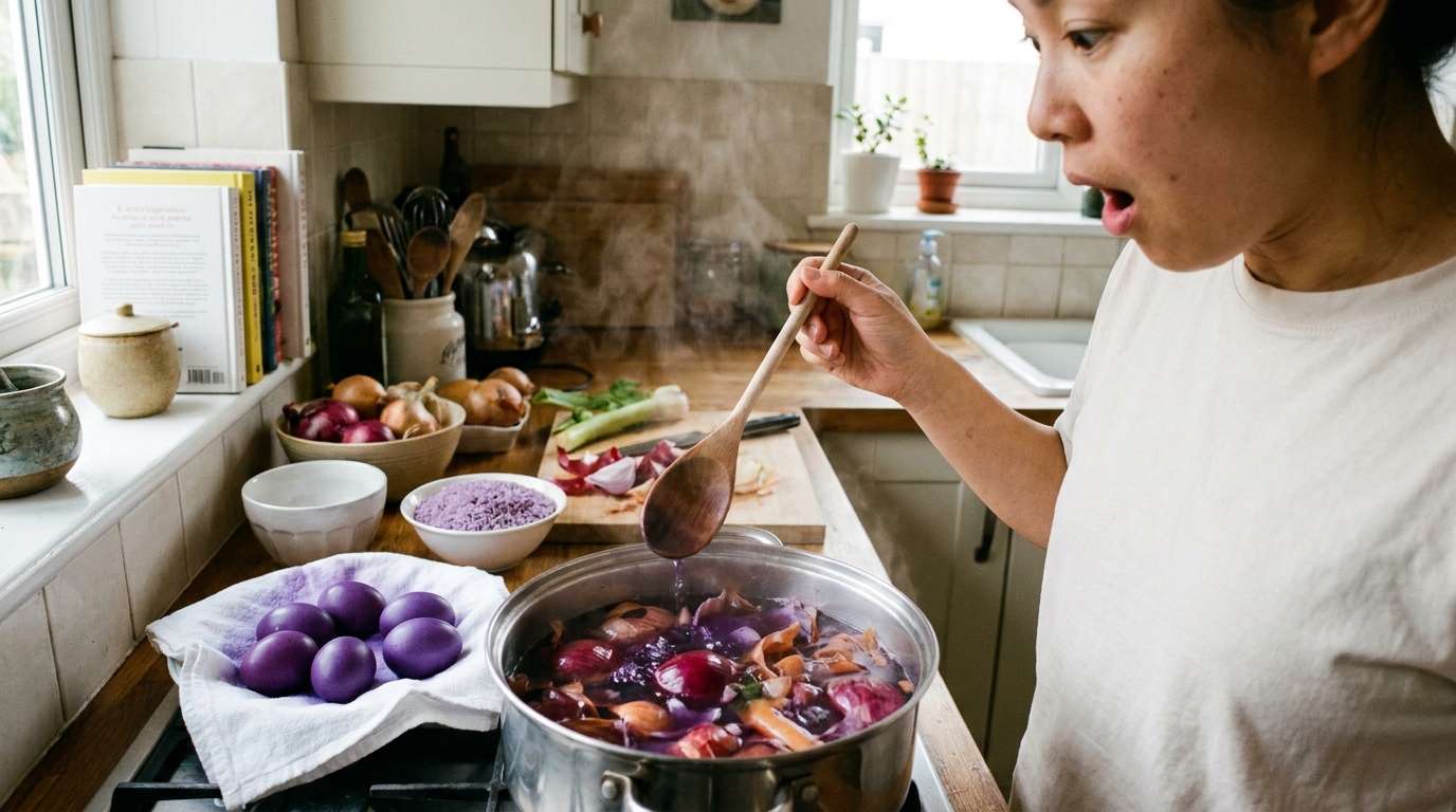 Pelures d’oignons rouges bouillies 20 minutes : la teinture violette naturelle qui colore vos œufs, riz et tissus sans un seul additif chimique