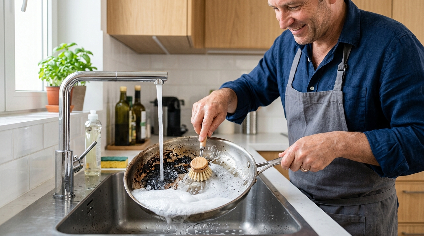Les chefs ne frottent jamais un fond de casserole brûlé à l’éponge : la méthode toute simple qui décolle le noir sans effort
